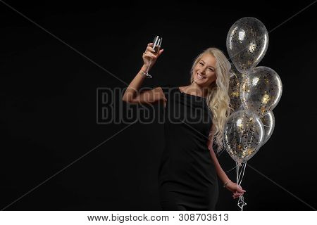 Brightfull Expressions Of Happy Emotions Of Amazing Girl Celebrating Party On Black Background. Luxu