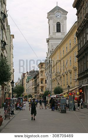 Budapest, Hungary - July 13, 2015: Tourists Walking At Vaci Street Reserved For Pedestrians In Downt