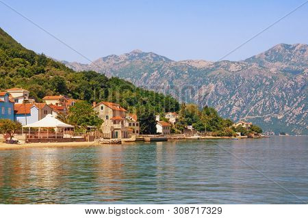 Summer Landscape With Sea, Mountains And Small Seaside Town. Montenegro, Adriatic Sea, Bay Of Kotor,