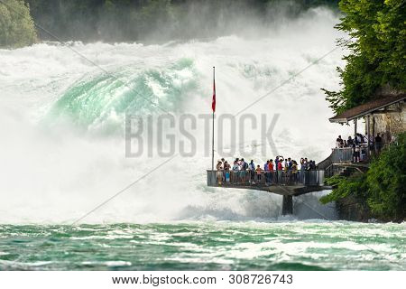Neuhausen Am Rheinfall, Switzerland - 23 July 2019. Waterfall On The River Rhine In The City Neuhaus