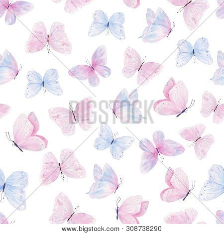 Cute Butterflies Hand Drawn Watercolor Seamless Pattern
