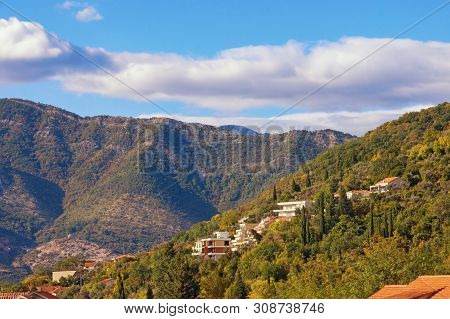 Beautiful Summer Landscape With A Small Village On The Mountainside On A Sunny Day. Montenegro, Tiva