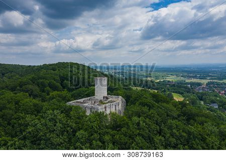 Babice, Poland - June 28, 2019: Aerial View Of Lipowiec Castle.. Historic Castle Lipowiec And Antiqu