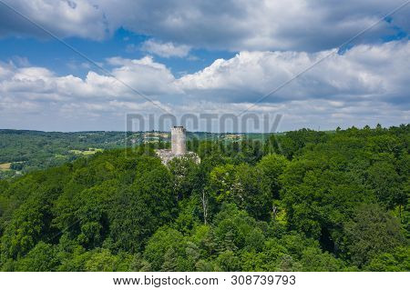 Babice, Poland - June 28, 2019: Aerial View Of Lipowiec Castle.. Historic Castle Lipowiec And Antiqu