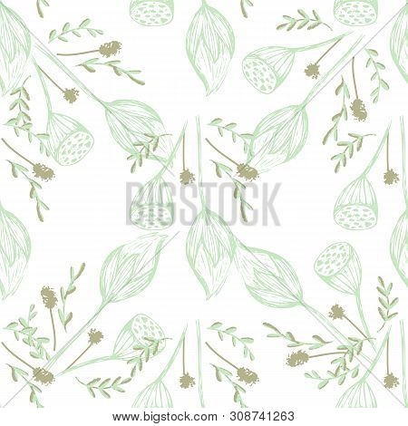 Color Lotus Flower Hand Drawn, Floral Seamless Pattern, Simple Vector Illustration