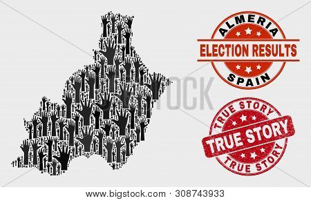 Voting Almeria Province Map And Seal Stamps. Red Round True Story Grunge Seal Stamp. Black Almeria P