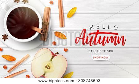Autumn Sale Promo Banner. Top View On Seasonal Composition With Coffee Cup, Sliced Apple, Rowan Berr