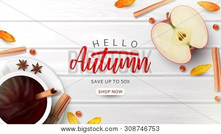 Autumn Sale Ads Banner Template. Top View On Composition With Coffee Cup, Sliced Apple, Rowan Berrie