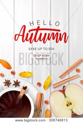 Promo Flyer For Autumn Sale. Top View On Composition With Coffee Cup, Sliced Apple, Rowan Berries An