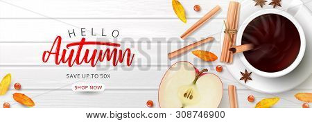 Horizontal Banner For Autumn Sale. Top View On Composition With Coffee Cup, Sliced Apple, Rowan Berr