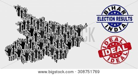 Election Bihar State Map And Stamps. Red Round Ideal Grunge Stamp. Black Bihar State Map Mosaic Of R
