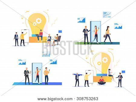 Collection Of Startuppers Working On Project. Group Of Business People Brainstorming About Ideas For
