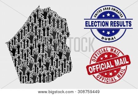 Election Dubai Emirate Map And Seal Stamps. Red Round Official Mail Textured Seal Stamp. Black Dubai