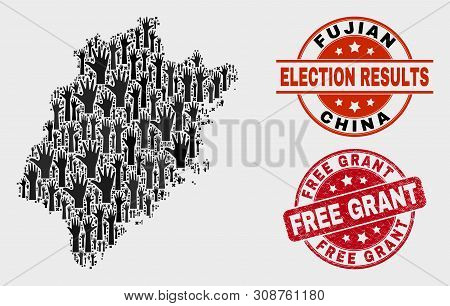 Electoral Fujian Province Map And Stamps. Red Round Free Grant Distress Seal. Black Fujian Province 