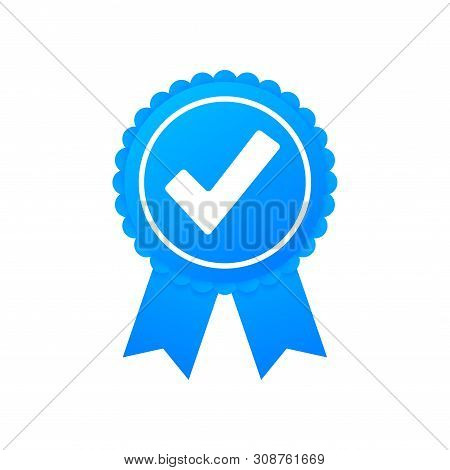 Checkmark. Blue Approved Star Sticker On White Background. Vector Stock Illustration.