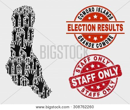 Democracy Grande Comore Island Map And Seal Stamps. Red Round Staff Only Distress Seal Stamp. Black 