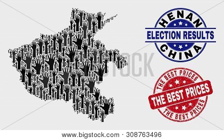 Political Henan Province Map And Seal Stamps. Red Rounded The Best Prices Textured Seal. Black Henan