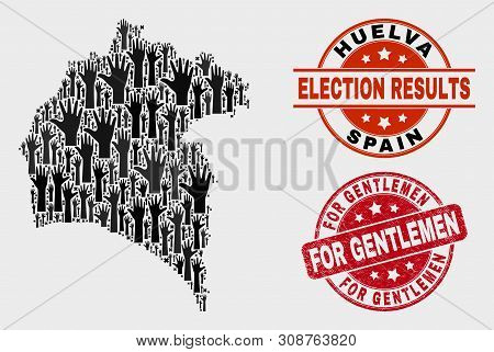 Political Huelva Province Map And Watermarks. Red Rounded For Gentlemen Scratched Seal Stamp. Black 