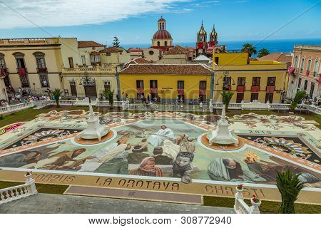 La Orotava, Tenerife, Spain - June 27, 2019. Beautiful Flower Carpets In La Orotava During Corpus Ch