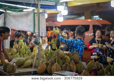 Kota Kinabulu, Borneo - June 1 2019; Night Street Market For Locals  Selling Delicacy But Smelly Dur