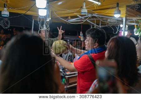 Kota Kinabulu, Borneo - June 1 2019; Night Street Market For Locals Selling Delicacy But Smelly Duri