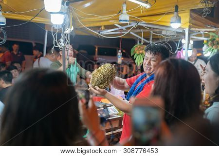 Kota Kinabulu, Borneo - June 1 2019; Night Street Market For Locals Selling Delicacy But Smelly Duri