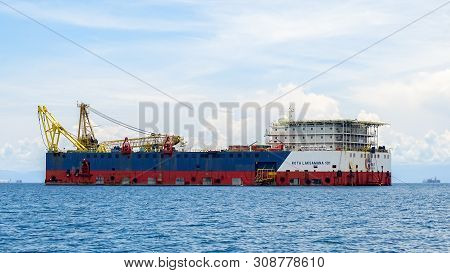 Labuan,malaysia-sept 22,2018:view Of Pipelay Barge Vessel Known As Kota Laksamana 101 In Labuan,mala