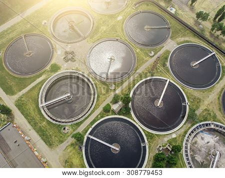 Modern Wastewater Treatment Plant With Round Ponds For Recycle Dirty Sewage Water, Aerial View From 