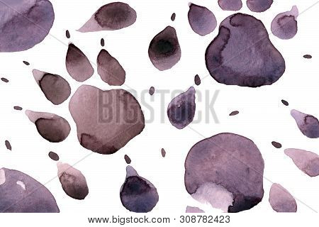 Watercolor Animal Background With Feline Purple Footsteps
