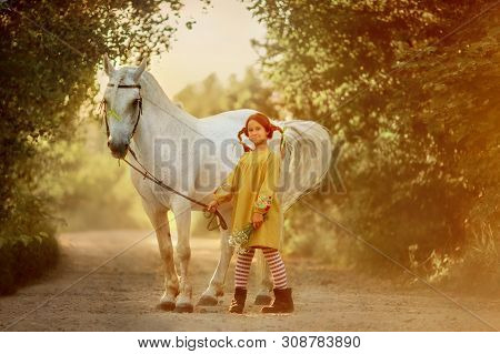 Red Haired Cute Girl With Grey Horse In Pippi Longstocking Style