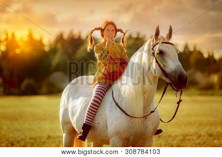Red Haired Cute Girl With Grey Horse In Pippi Longstocking Style
