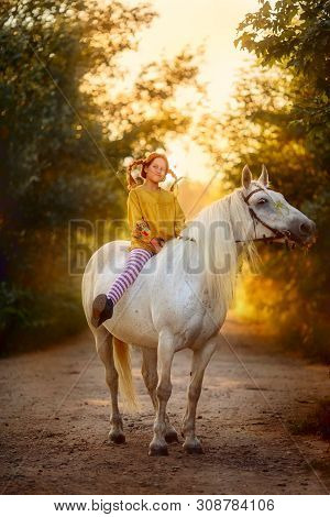 Red Haired Cute Girl With Grey Horse In Pippi Longstocking Style