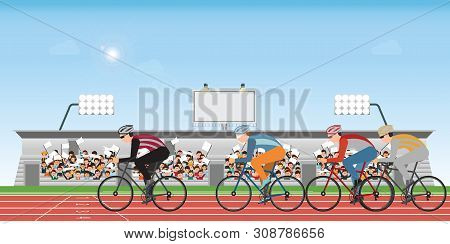 Group Of Cyclists Man In Road Bicycle Racing On Athletic Track With Crowd In Stadium Grandstand To C