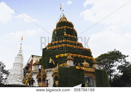 Pune, Maharashtra, India, December 2018, People Decorating Dagdusheth Halwai Ganpati Mandir.