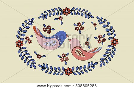 Romantic Spring Scene, A Pair Of Love Birds Build A Nest