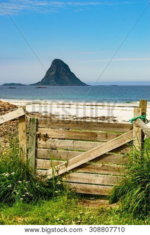 Seascape, Sea Coast With Sandy Beach And Island Bleiksoya In The Distance, Resort Bleik Andoya Norwa