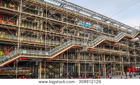 Paris / France - April 06 2019: Facade Of The Center Of Georges Pompidou