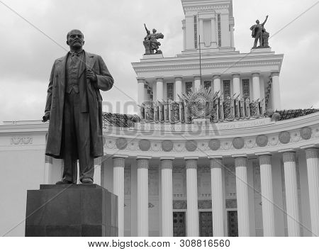 Vladimir Lenin Black And White Style Photo Of Statue Of Soviet Dictator And Communist Leader During 
