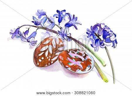 Watercolor Easter Hyacinth Flowers And Two Eggs Isolated On White Background
