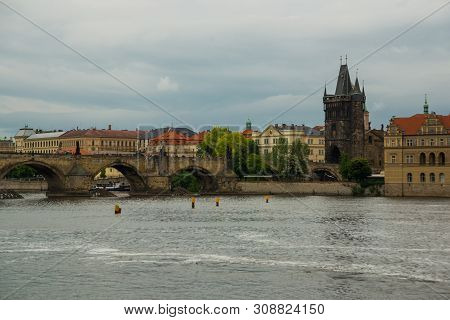 Prague, Czech Republic: Beautiful Landscape Overlooking The Famous Charles Bridge And Vltava River
