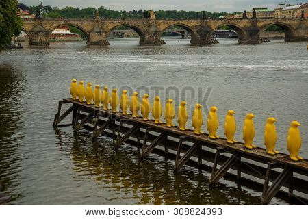 Prague, Czech Republic: The Penguins Installation By The Cracking Art Group At Kampa Park, Prague.