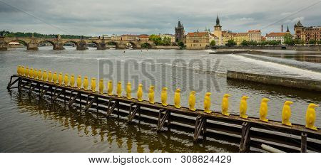 Prague, Czech Republic: The Penguins Installation By The Cracking Art Group At Kampa Park, Prague.