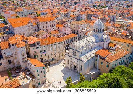 Croatia, City Of Sibenik, Panoramic View Of The Old Town Center And Cathedral Of St James
