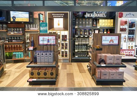 HONG KONG, CHINA - ARPIL, 2019: interior shot of Duty Free area in Hong Kong International Airport.