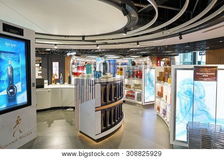 HONG KONG, CHINA - ARPIL, 2019: interior shot of Duty Free area in Hong Kong International Airport.