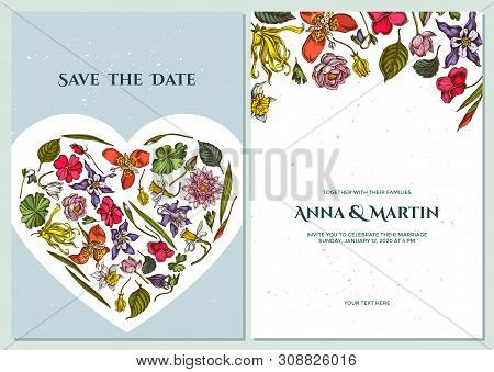 Wedding Invitation Card With Colored Ylang-ylang, Impatiens, Daffodil, Tigridia, Lotus, Aquilegia St