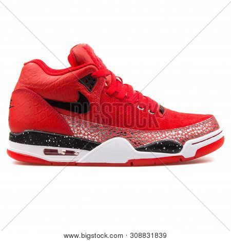 Vienna, Austria - August 25, 2017: Nike Flight Squad Qs Red And Black Sneaker On White Background.