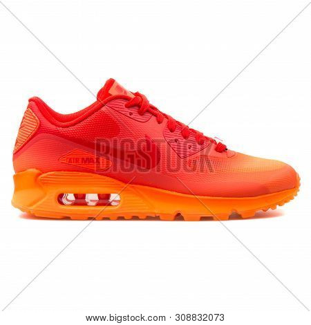 Vienna, Austria - August 25, 2017: Nike Air Max 90 Hyp Qs Orange And Red Sneaker On White Background