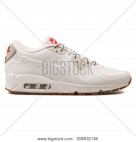 Vienna, Austria - August 25, 2017: Nike Air Max 90 Vt Qs White And Red Sneaker On White Background.
