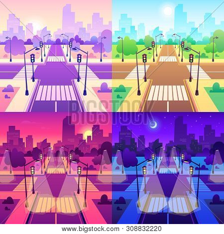 Crossroad With Crosswalk. Road Traffic Intersection, Daytime Cityscape And Urban Road Junction. Empt